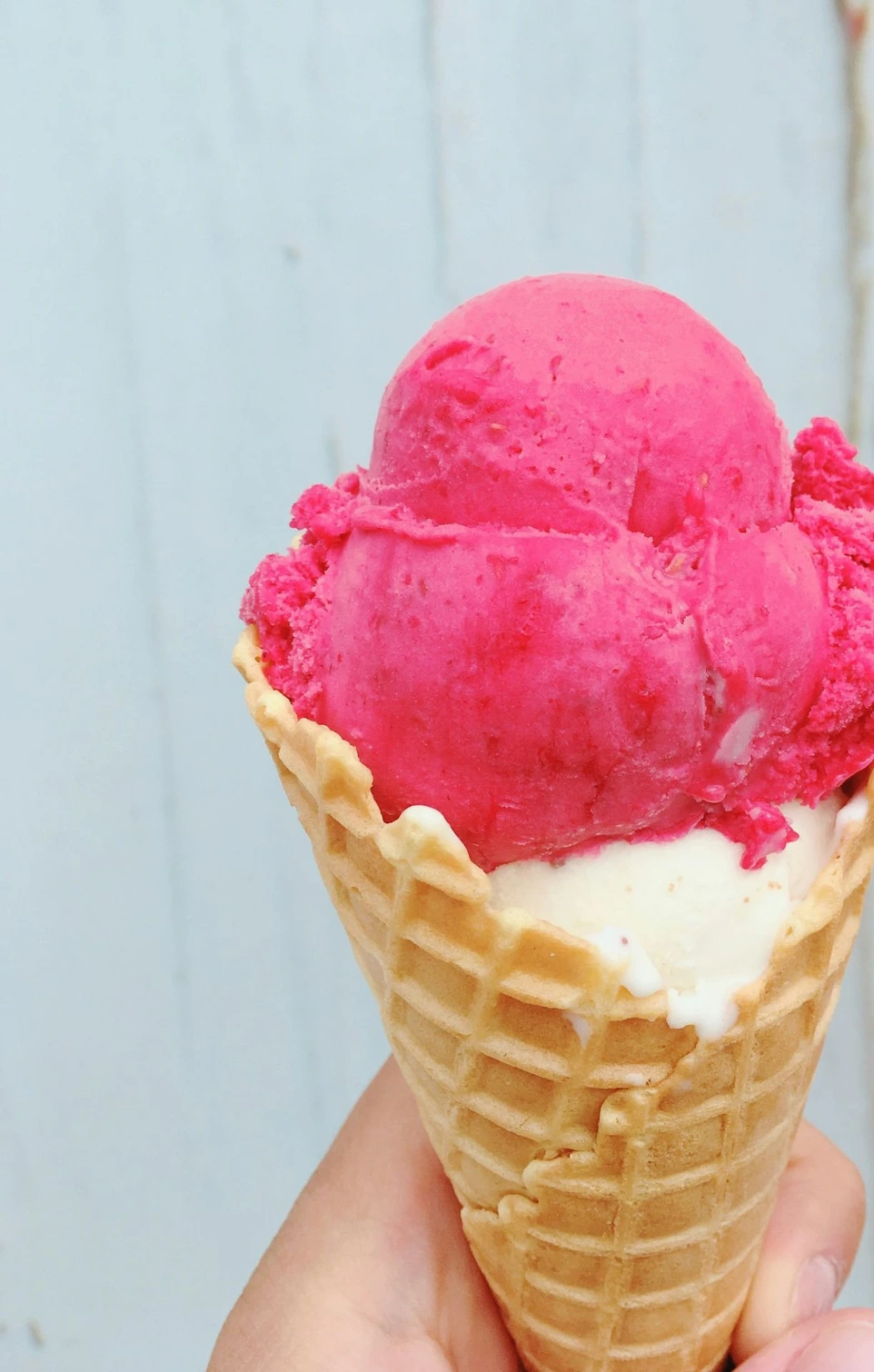 person holding ice cream cone with pink ice cream